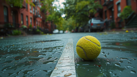 A tennis ball is stationary on the ground in the center of a street, surrounded by asphalt and white road markings.の素材