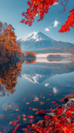 A lake nestled among trees with a towering mountain in the backdrop.の素材