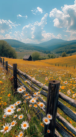 A field filled with vibrant white and yellow flowers under the bright sunlight.の素材