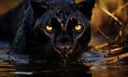 an image of a black panther in the water.の素材
