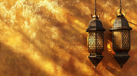 three arabic lamps in front hanging of a blank background.の素材