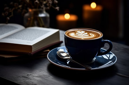 book pro and coffee on a wooden table.の素材