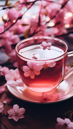 an old fashioned cup with pink rose petals.の素材