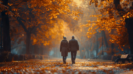 A couple walking in a park with trees in autumn. Scene is peaceful and romanticの素材