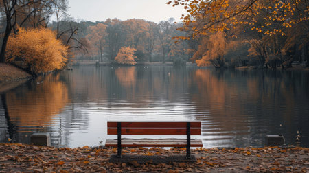 A bench sits on the edge of a lake, with the water reflecting the trees and the sky. The scene is peaceful and serene, with the autumn leaves adding a touch of color to the landscapeの素材
