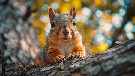 A squirrel is sitting on a tree branch. The squirrel is looking at the cameraの素材