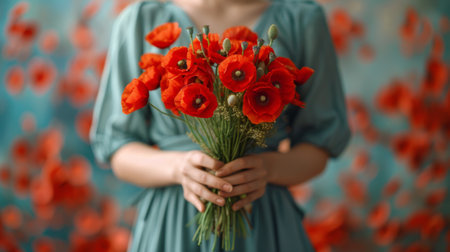 A woman is holding a bouquet of red poppies. The flowers are arranged in a vase and are in full bloomの素材