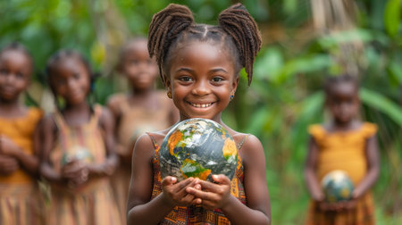 A delightful portrait of a young African girl holding a globe, smiling broadly in a colorful traditional dress, with her friends in the background.の素材