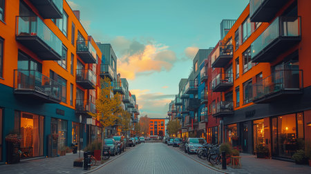 Contemporary luxury apartment building with a striking orange and gray exterior, featuring spacious balconies and landscaped gardens at dusk.の素材