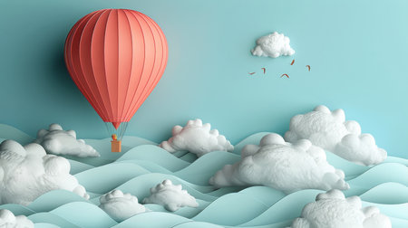 An artistic depiction of a red and white striped hot air balloon floating gracefully through a beautifully painted sky with dynamic clouds.の素材