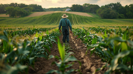 A man wearing a straw hat stands in a fieldの素材