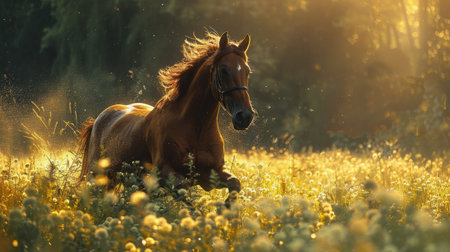 Stunning image of a dark horse galloping freely through a field of wildflowers, bathed in the warm glow of a sunset.の素材