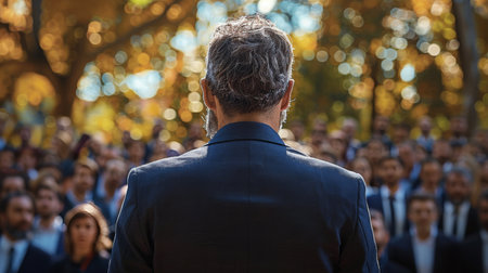 A male politician delivering a speech at a public rally, viewed from behind, addressing a diverse crowd in a park during the autumn season.の素材