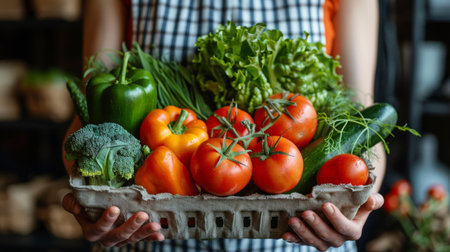 Close-up of a woman's hands cradling a colorful assortment of fresh vegetables against a dark background.の素材