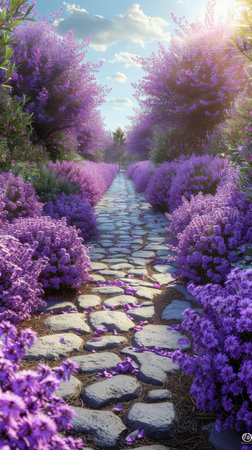 A house with purple flowers growing on the side of it in a residential area.の素材