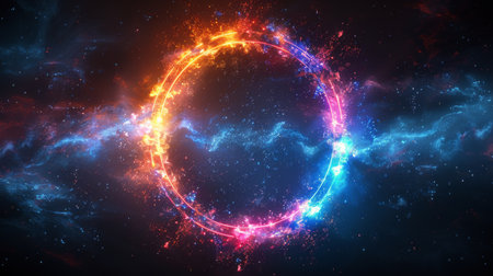 A fiery ring blazing in a cosmic setting filled with stars.の素材