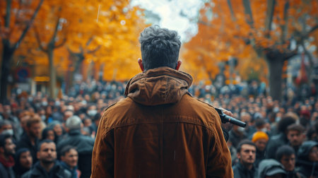 A male politician delivering a speech at a public rally, viewed from behind, addressing a diverse crowd in a park during the autumn season.の素材