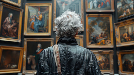 A man in a winter coat contemplates various classic paintings displayed at an outdoor gallery on a rainy day.の素材