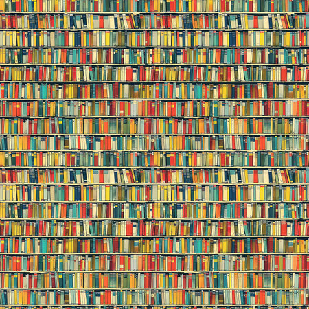 Assorted books arranged in a vibrant multicolored pattern on a wall, creating a unique and eye-catching display.の素材