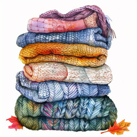 A stack of colorful knitted blankets neatly piled on top of each other.の素材