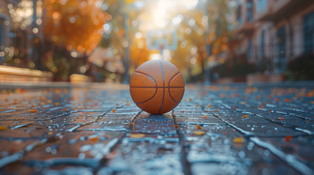 A basketball lies still on the pavement of a busy street, untouched and abandoned.の素材