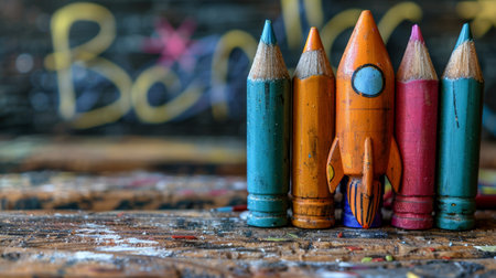 A rocket sits on top of a book in a hand-drawn illustration.の素材