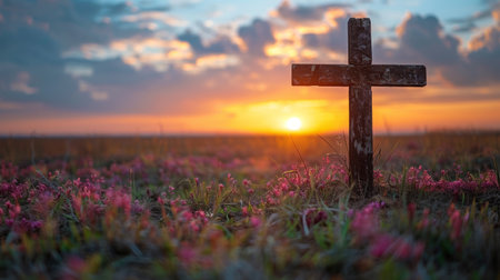 A cross placed prominently in the center of a vast field, under the open sky.の素材