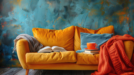 A cozy couch with a warm blanket draped over it, with an open book resting on top.の素材