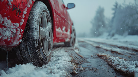 A bright yellow car navigates a snow-covered road, leaving tracks behind as it moves through the winter landscape.の素材