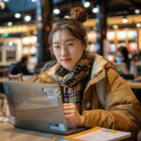 A woman seated at a table, engrossed in her work on a laptop computer.の素材