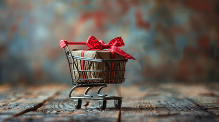 A shopping cart filled with colorful presents is seen placed on top of a wooden table.の素材
