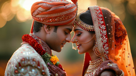 A man and woman wearing colorful Indian clothing and accessories, showing cultural garments and designs.の素材