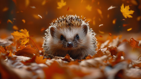 A hedge sits amidst a pile of fallen leaves, showing the autumn seasons beauty in a natural setting.の素材