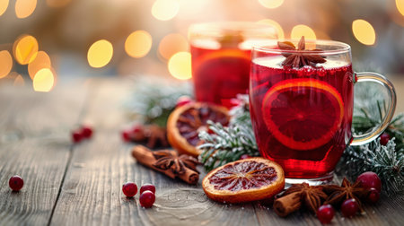 Two mugs filled with mulled tea garnished with orange slices and cinnamon sticks placed on a rustic wooden table.の素材