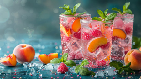 Two glasses are filled with ice cubes and slices of colorful fruit, creating a refreshing and vibrant drink on a table.の素材
