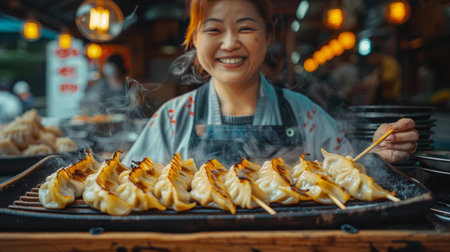 A woman is grilling food on an outdoor barbecue grill.の素材