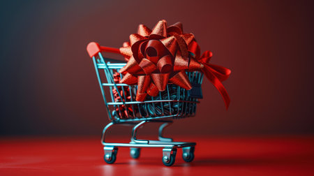 A shopping cart filled to the brim with various presents against a vibrant pink background.の素材