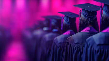 Several individuals wearing graduation gowns and caps, standing together in a group.の素材
