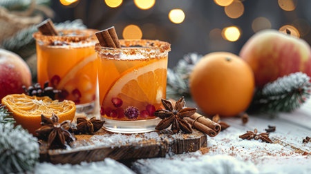 Two glasses filled with orange punch are surrounded by fresh oranges and cinnamon sticks.の素材