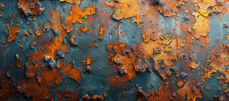 A weathered metal wall covered in rust with splashes of orange paint peeling off.の素材