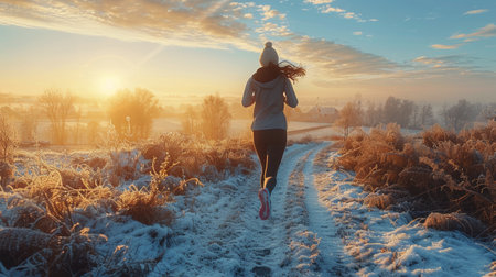A woman stands wearing a red coat and blue scarf.の素材
