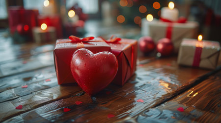 Two gifts wrapped in festive paper, each adorned with heart decorations, are placed on a wooden table.の素材