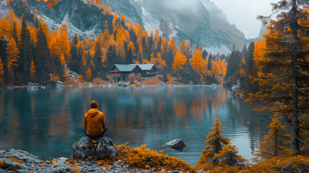 A person calmly seated on a rock by the serene lake, enjoying the peaceful surroundings.の素材