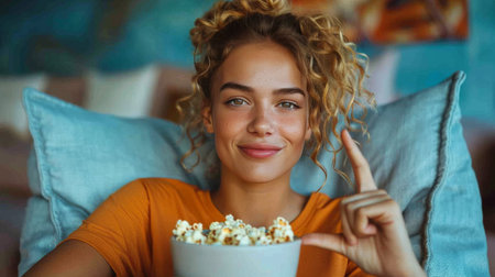A woman is seated comfortably on a bean bag chair, looking relaxed and at ease.の素材