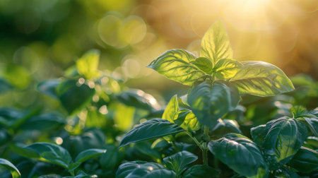 Detailed view of a vibrant green leafy plant, showing its intricate veins and texture.の素材