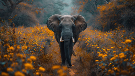 Large elephant standing amongst vibrant yellow flowers in a field.の素材