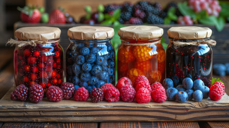 A row of glass jars filled with various types of fresh fruit, showing a colorful array of produce.の素材