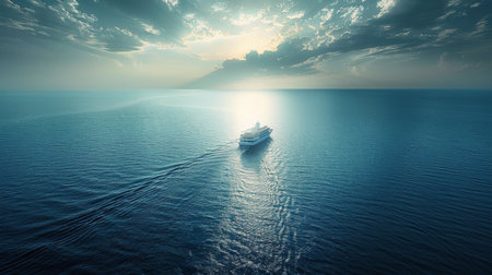 The sun dips below the horizon, casting a warm glow over the vast ocean as seen from a boat on the water.の素材