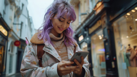 A woman with vibrant purple hair using a cell phone.の素材