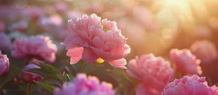 Many pink flowers grow in a field under the clear blue sky.の素材